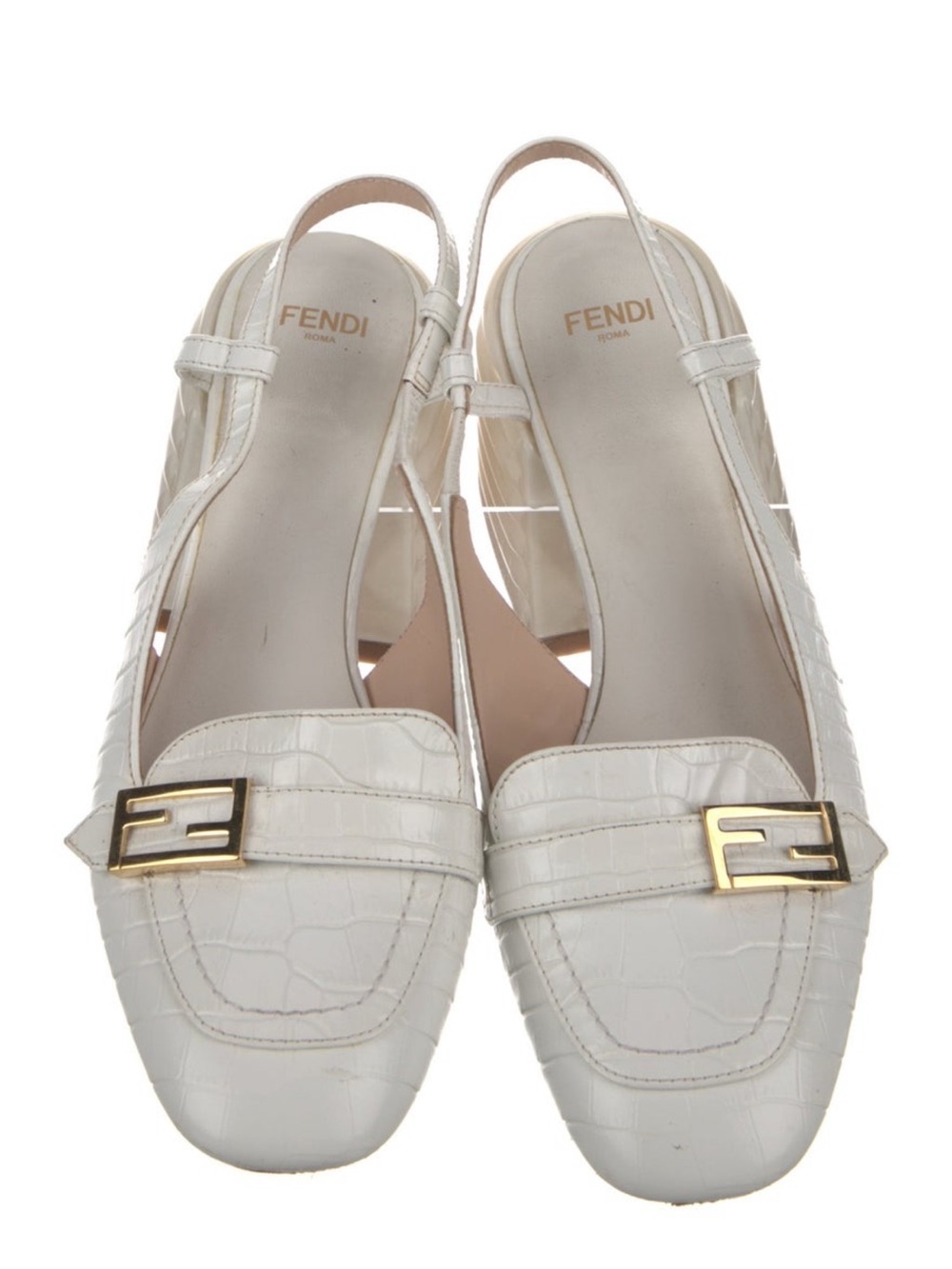 Fendi White Croc-Embossed Slingback Block Heel Loafer with Gold Buckle - Picture 2 of 4
